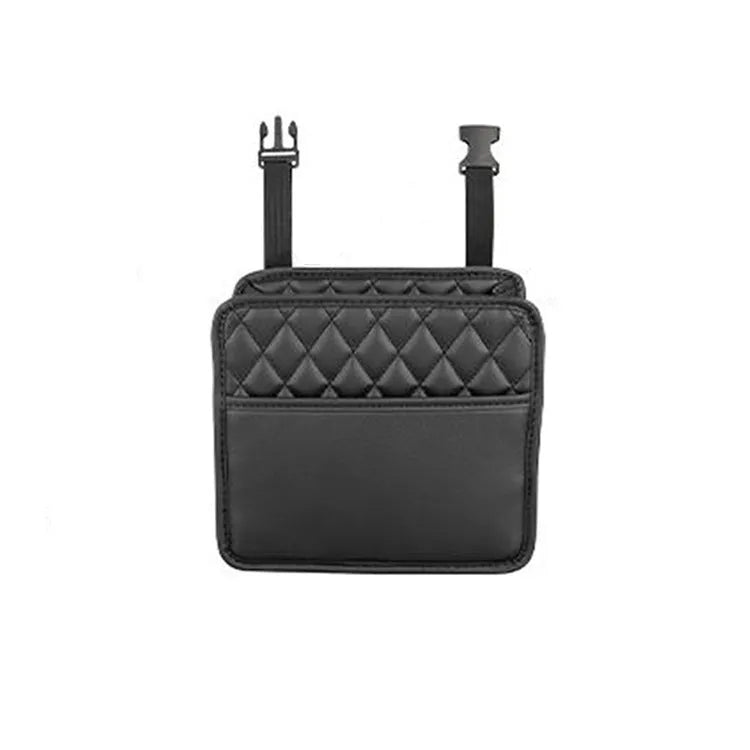 Leather car hanging storage bag in black, pink, green, or white, shown attached to a car seat.