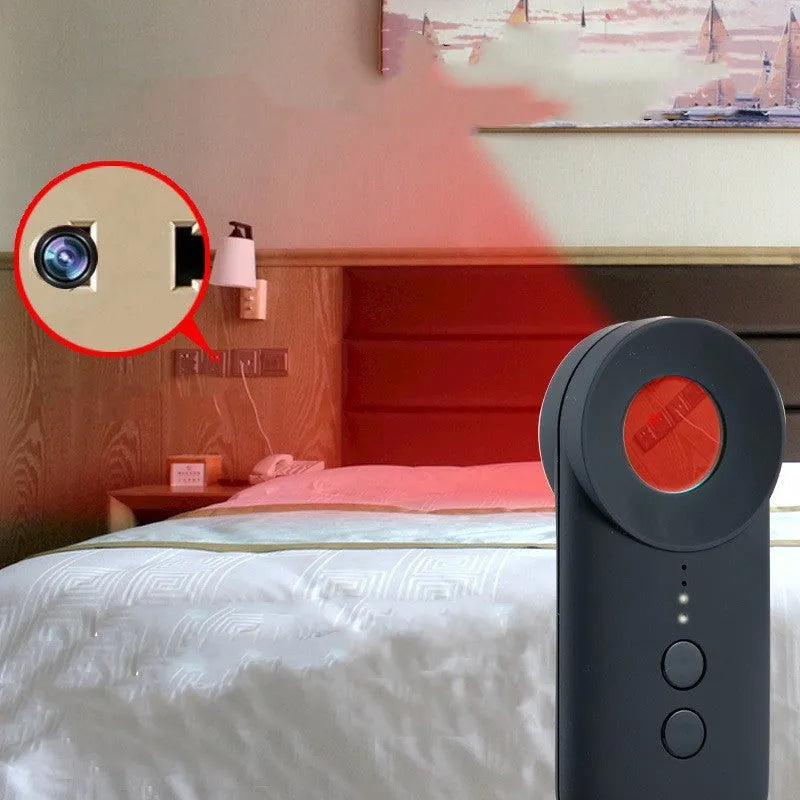 Black ABS handheld GPS and camera lens detector with a USB charging port.