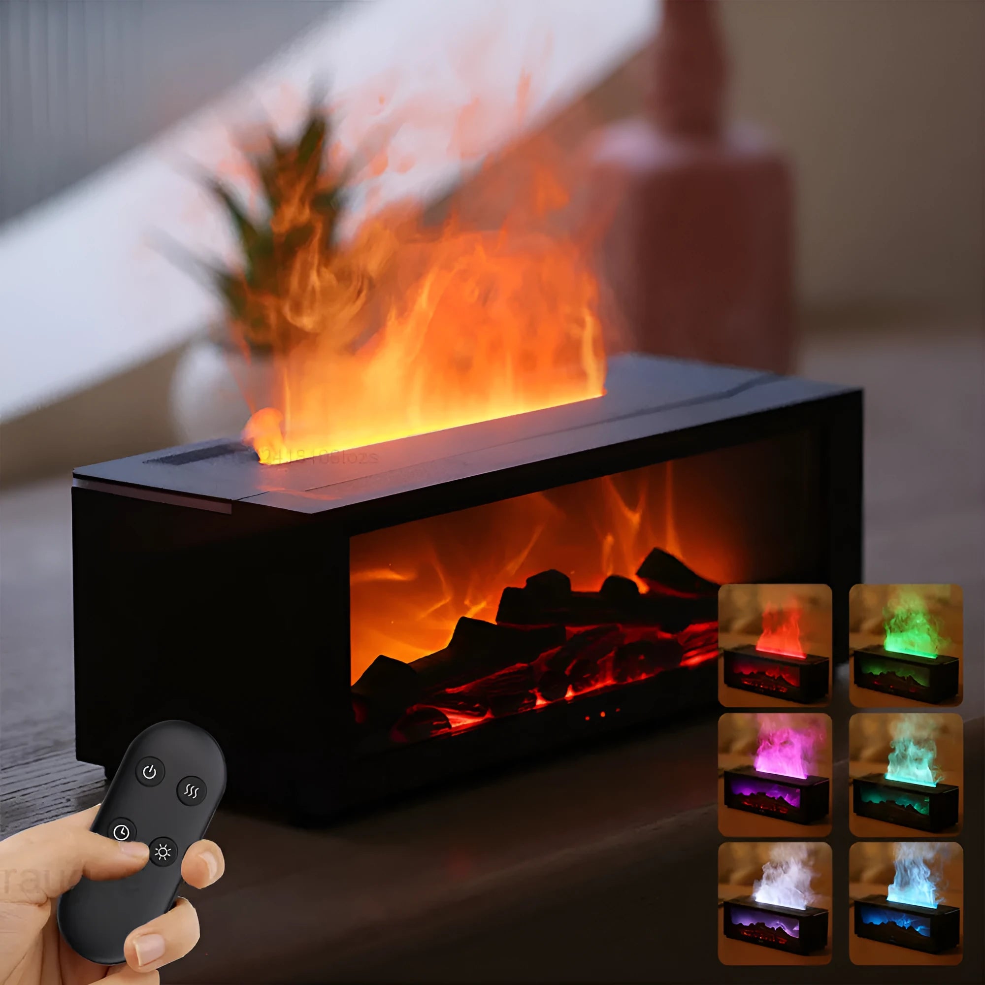 Square flame aromatherapy diffuser with 3D flame effect and seven colour LED mood lighting