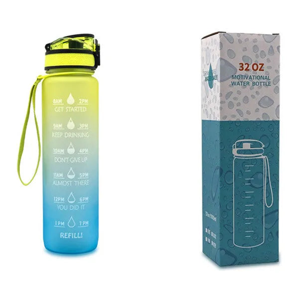 Blue and red gradient 1-litre Tritan sports water bottle with time markers, flip-top lid, and wrist strap.