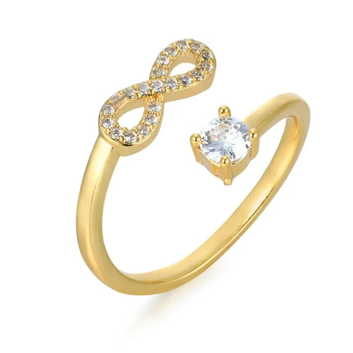 Open geometric alphabet ring with zircon stone in gold rose gold or silver plating showing letter selection