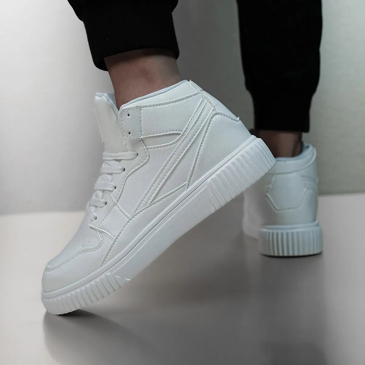 White men's casual microfiber shoes with a round toe, shown on a plain background.