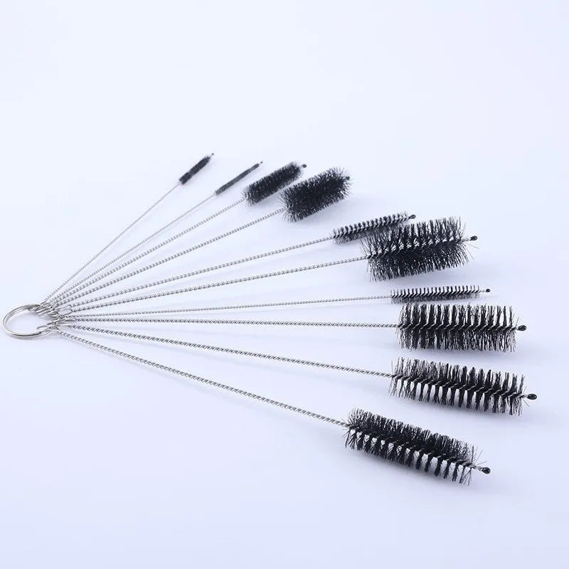 Stainless steel handle nylon bristle cleaning brushes for straws and bottles in white and black.
