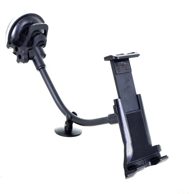 Black universal 4-12 inch vehicle-mounted tablet and mobile phone holder with long suction cup.