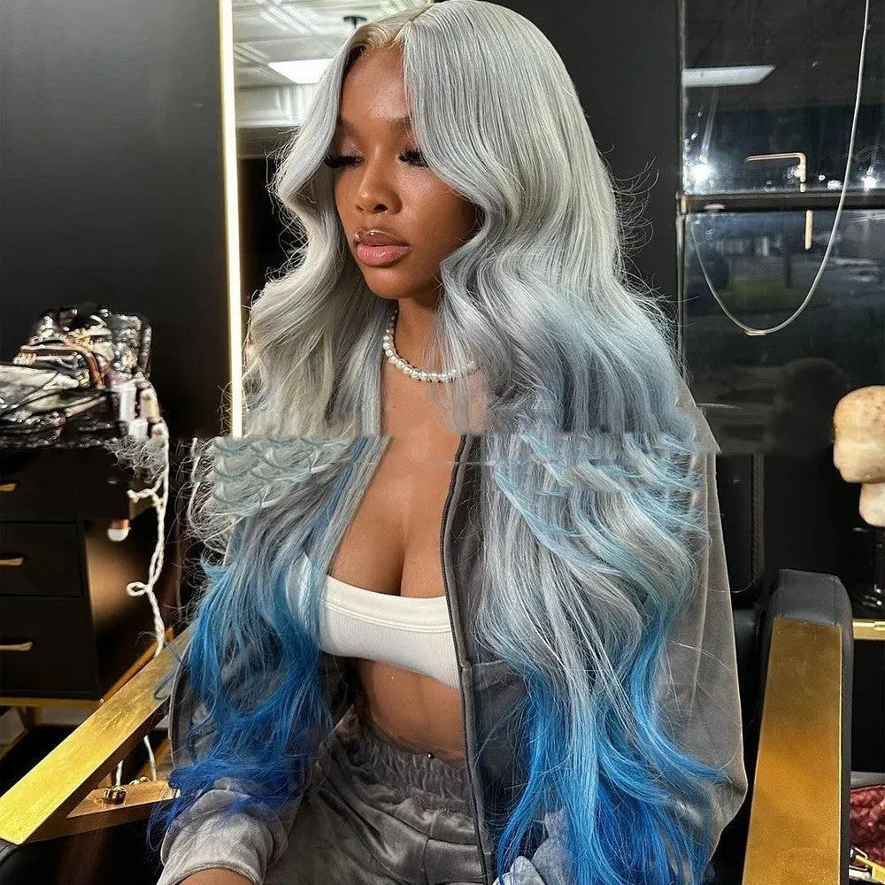 Grey-blue gradient human hair lace front wig with natural hairline on mannequin