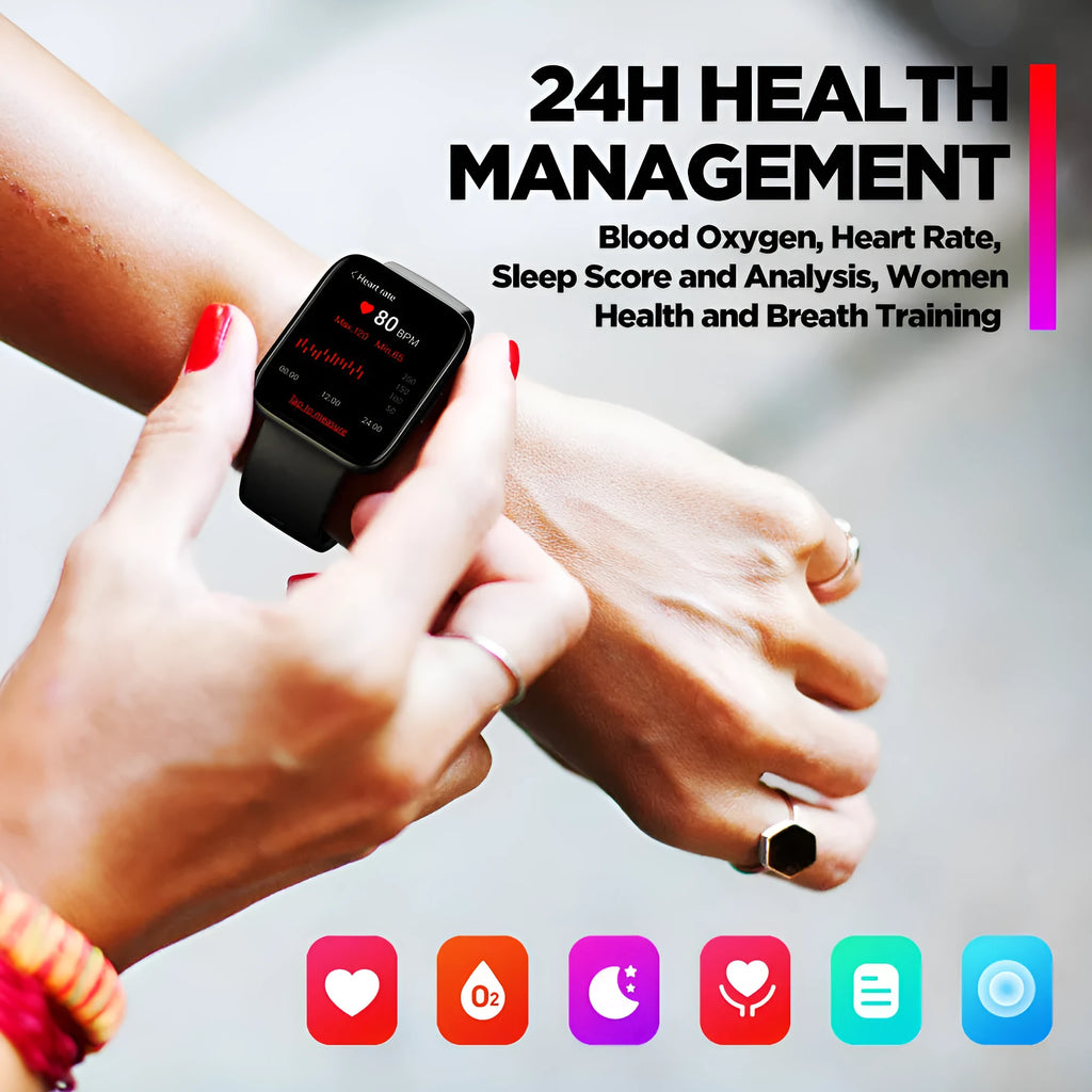 Black GPS sports smart watch with LCD display showing health metrics on rubber wrist strap