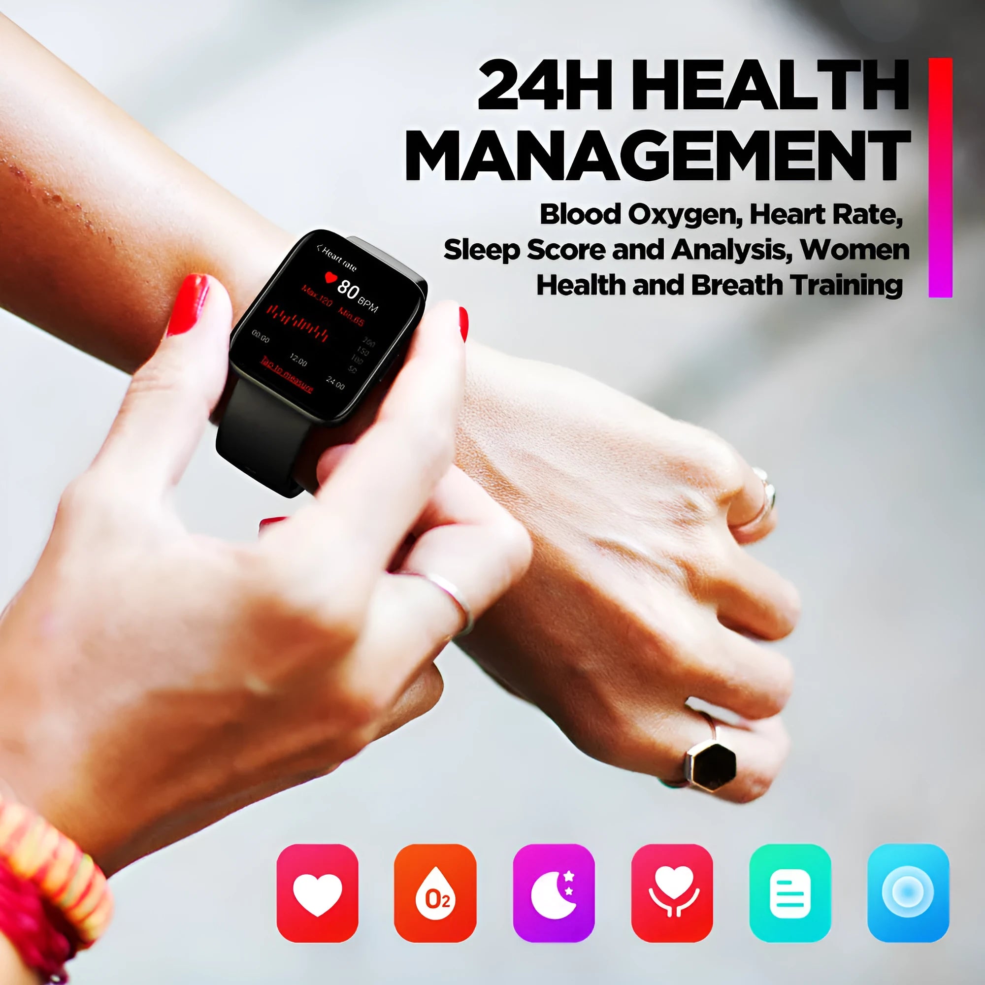 Black GPS sports smart watch with LCD display showing health metrics on rubber wrist strap