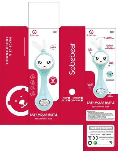 Baby musical rattle stick chewable teether toy in light blue, mint green, orange, or pink.