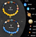 Twelve zodiac sign natural stone beaded bracelets set showing two bracelets with astrological designs.