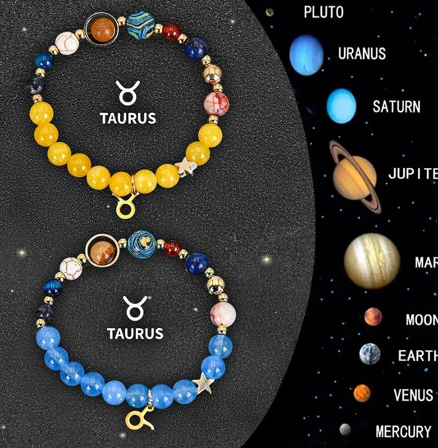 Twelve zodiac sign natural stone beaded bracelets set showing two bracelets with astrological designs.