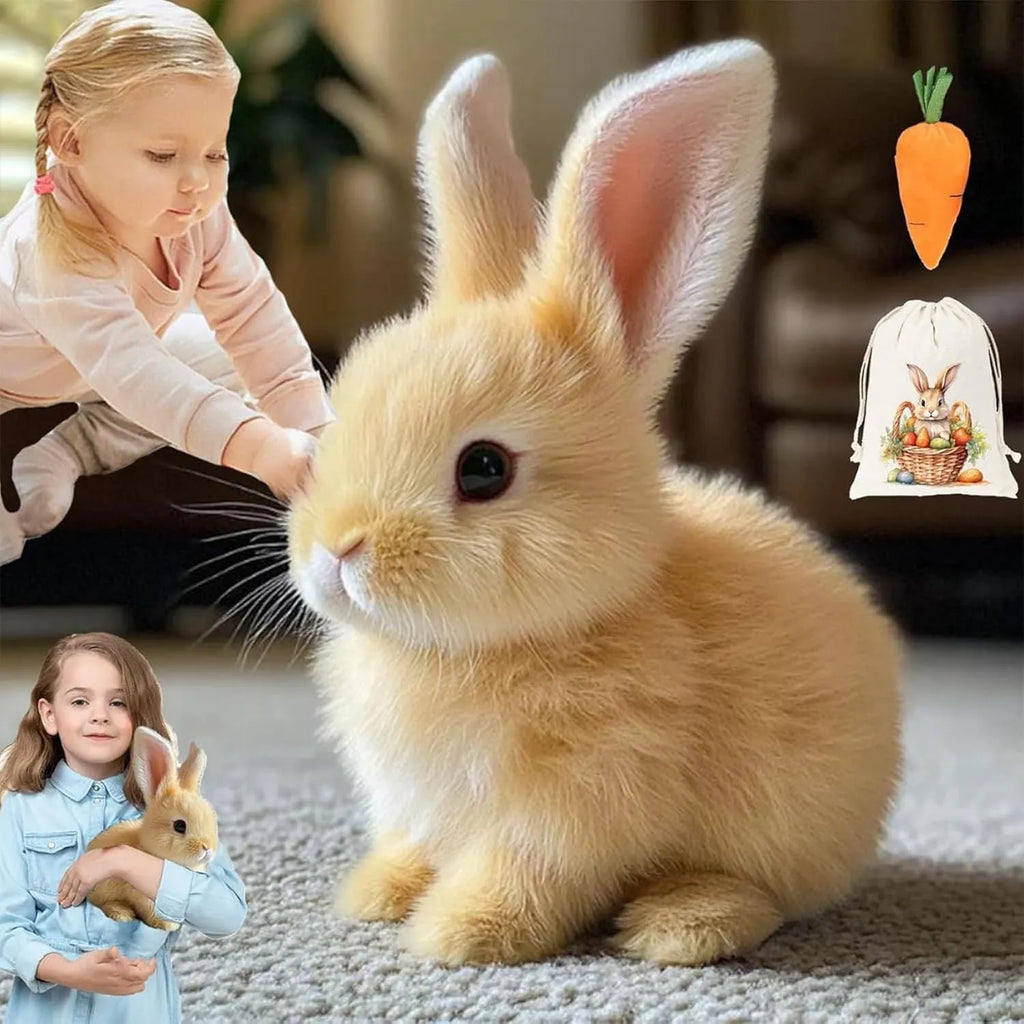 Electric realistic rabbit plush toy in plush material with carrot accessory on white background