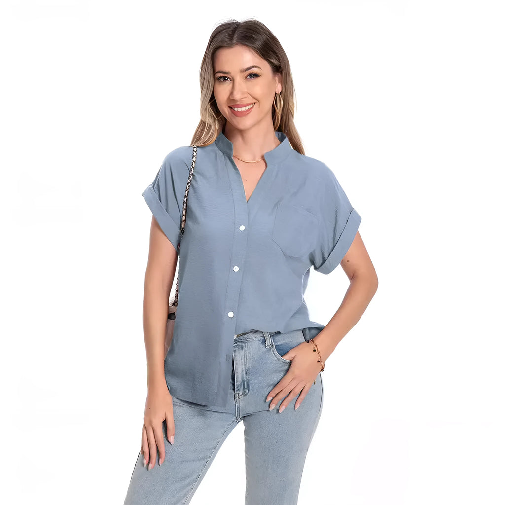 Women's stand collar summer top with button detail and raglan sleeves in loose fit design