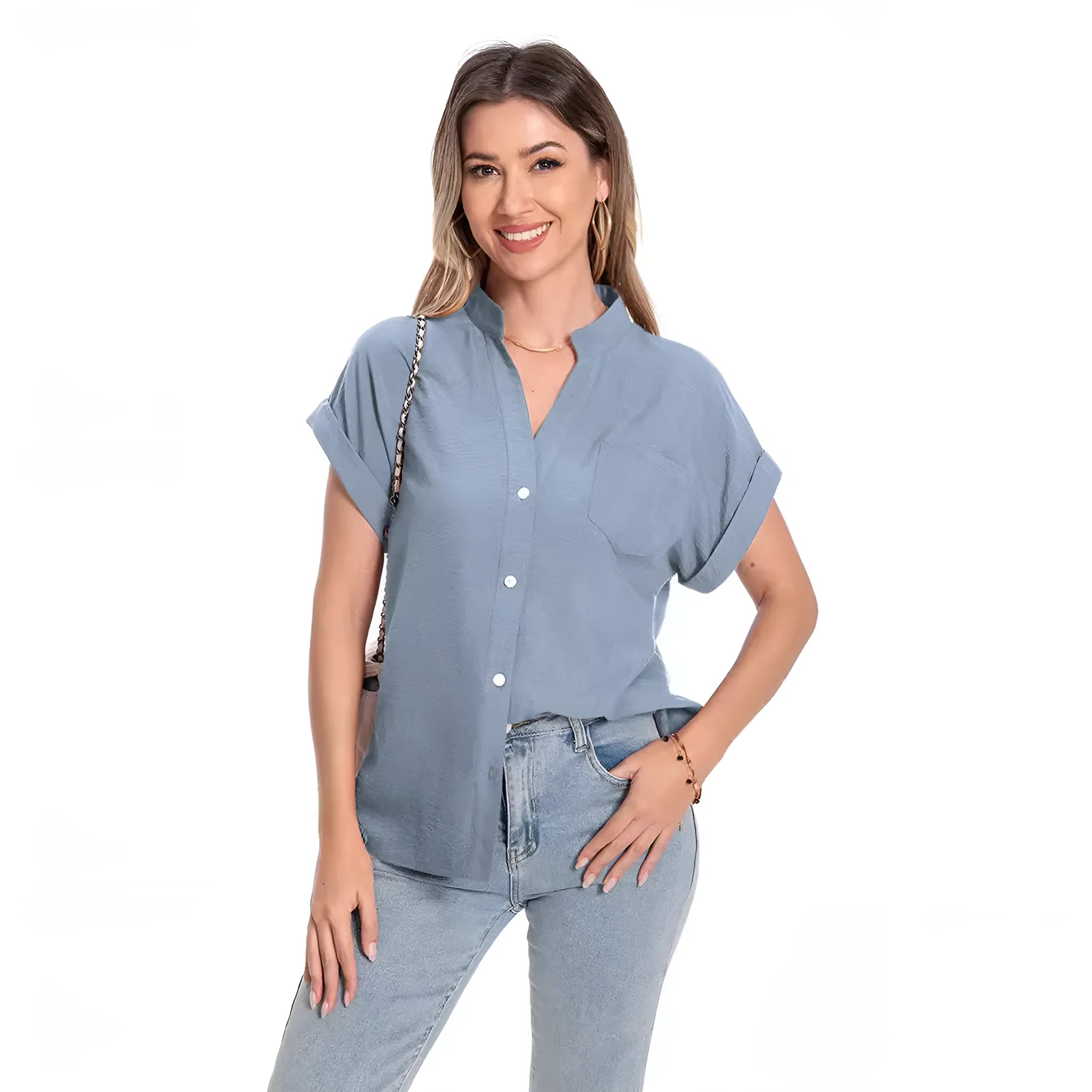 Women's stand collar summer top with button detail and raglan sleeves in loose fit design
