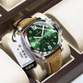 Men's casual sports watch with round alloy case, real leather strap, and mineral glass mirror on wrist