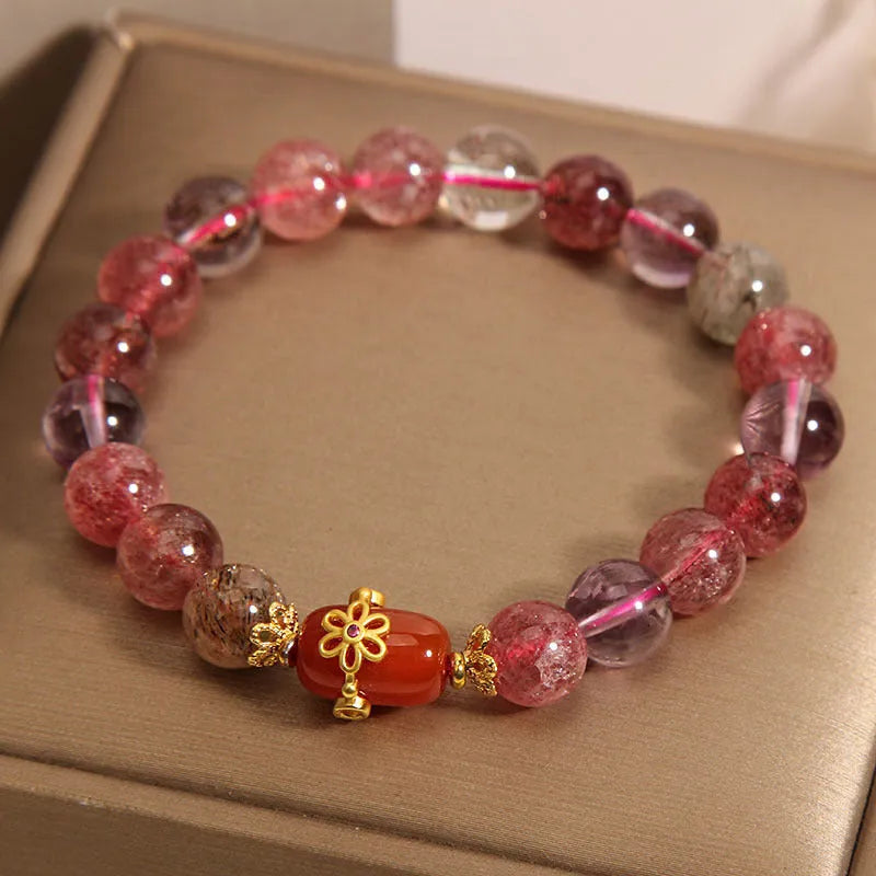Natural Super Seven crystal bracelet with white beads and red agate accents in cartoon style