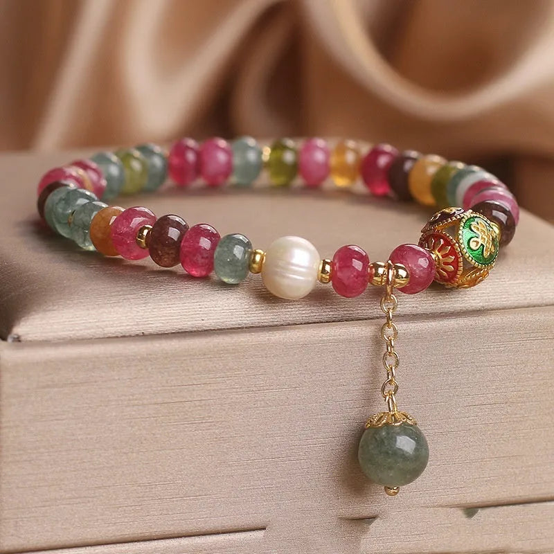Natural colour tourmaline abacus beads jade bracelet with pearl accents for women ethnic style