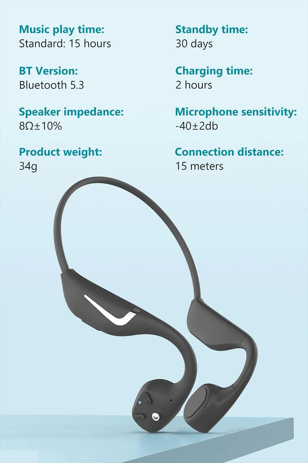 Bone conduction wireless sports headset with RGB lamp, IPX7 waterproof, Bluetooth 5.3, 34g, black or grey orange