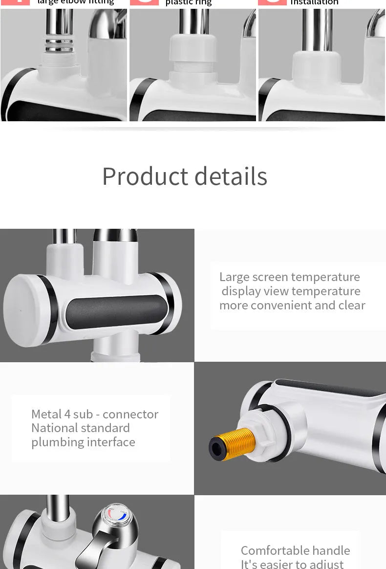 White kitchen electric instant water heater tap with digital temperature display on its front.