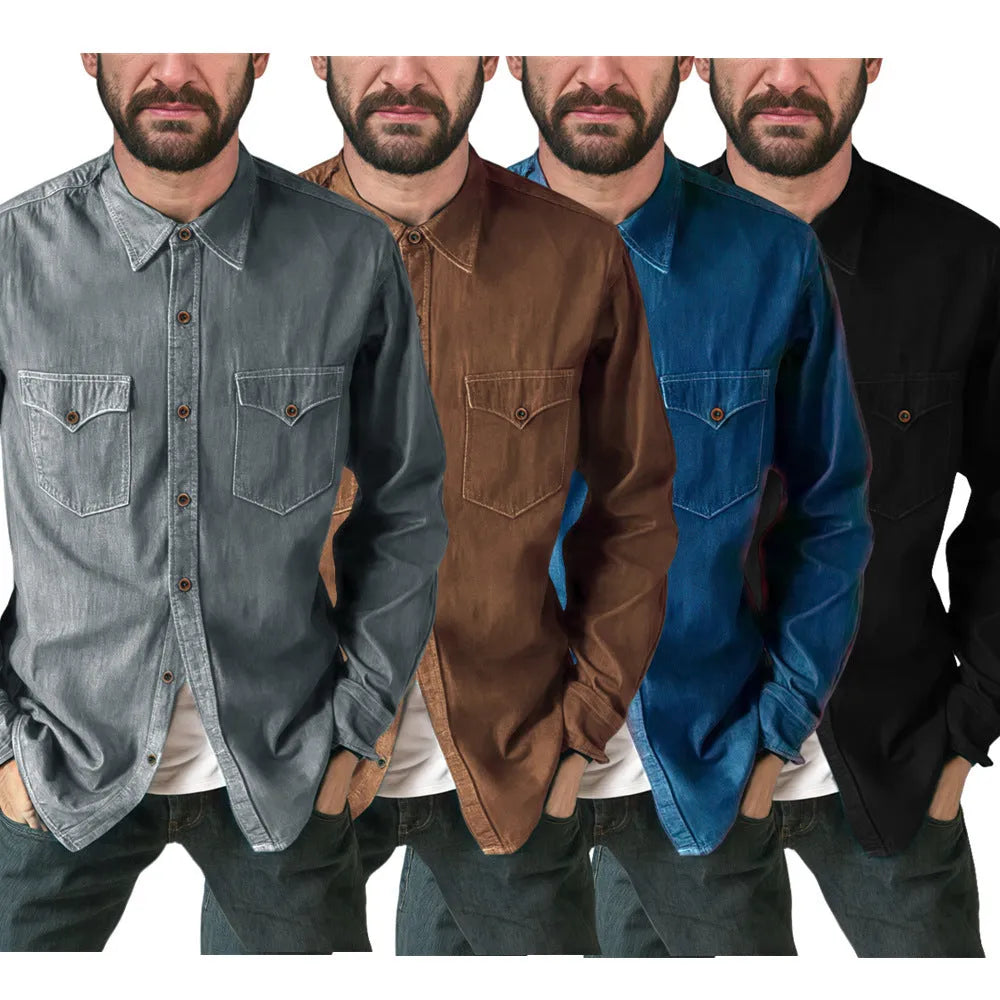 Men's cotton denim cardigan coat in khaki colour on a hanger.