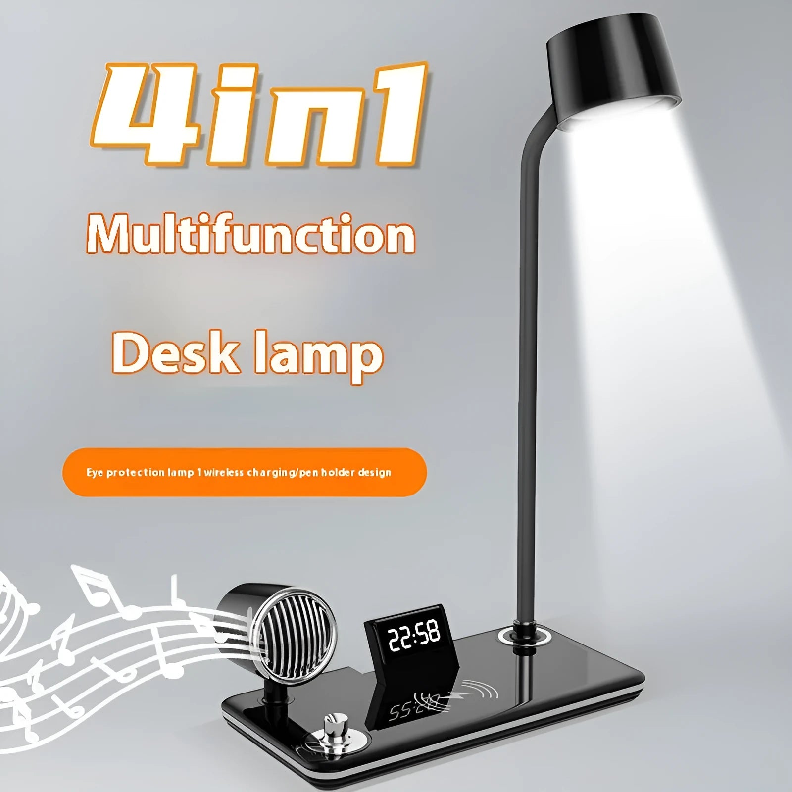 Intelligent wireless charging desk lamp with digital clock display in white colour option