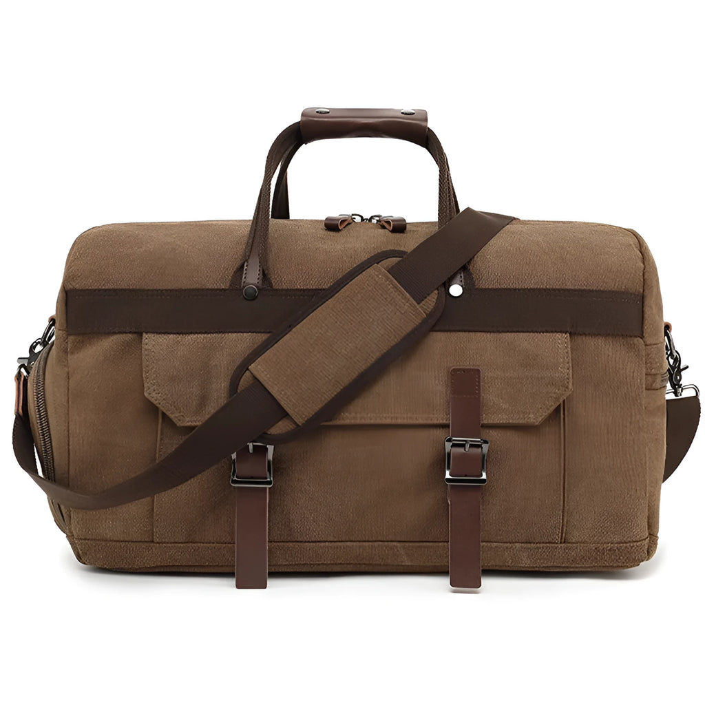 Men's large canvas crossbody travel bag in a retro style, shown in a solid colour.
