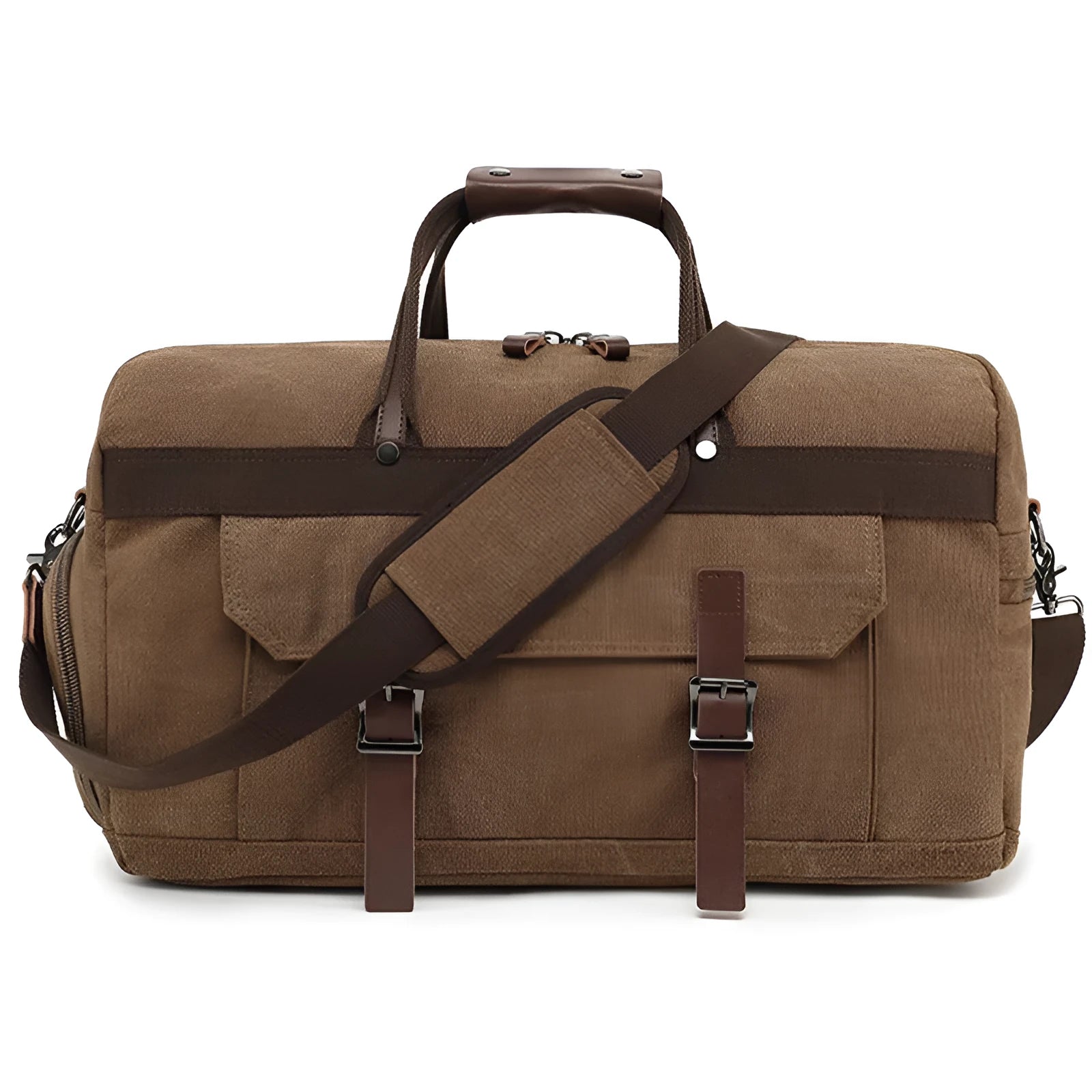 Men's large canvas crossbody travel bag in a retro style, shown in a solid colour.