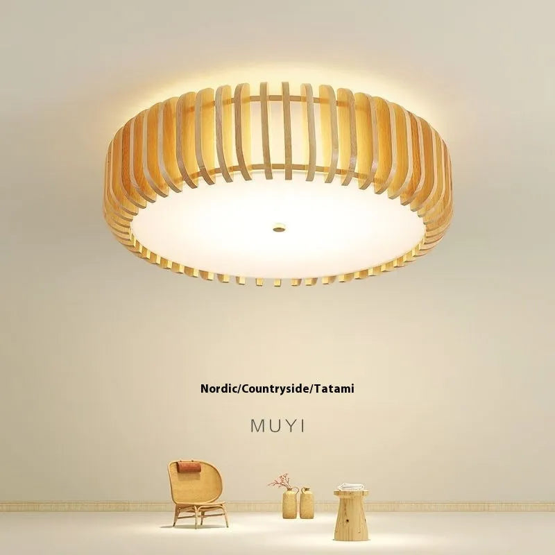 Japanese-style log LED ceiling lamp 35cm diameter 3-head Nordic design