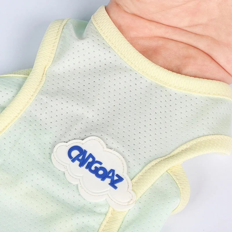 Grass green thin polyester vest for a cat on a white background, showing anti-lint sports style.