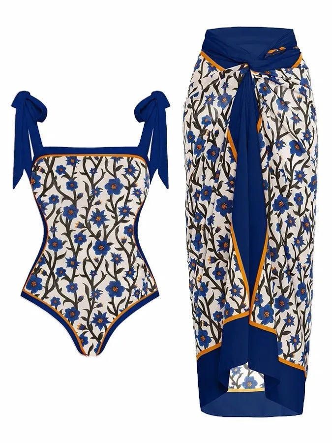 Women's printed chiffon two-piece swimsuit with attached skirt in floral pattern