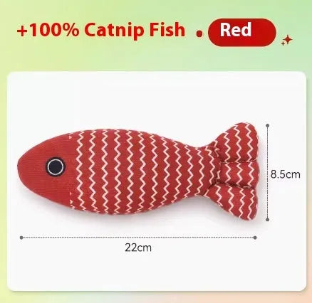 Blue, red or yellow catnip fish toy with natural filling for feline energy and dental health