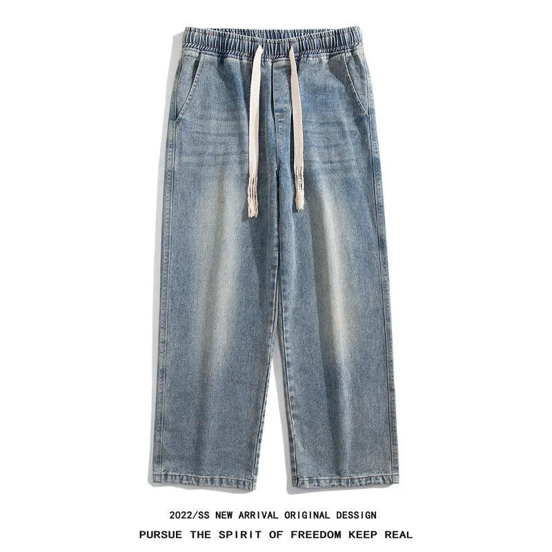 Hong Kong style retro heavy wash distressed loose jeans in blue cotton for teenagers
