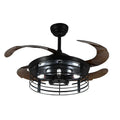 American retro style ceiling fan lamp with remote control on a white background, showing acrylic shade and concealed blades.