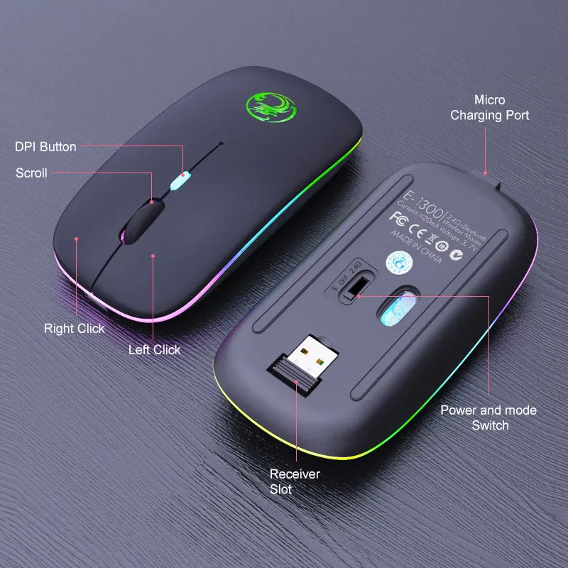 White rechargeable dual-mode silent wireless mouse with blue scroll wheel light on a wooden desk