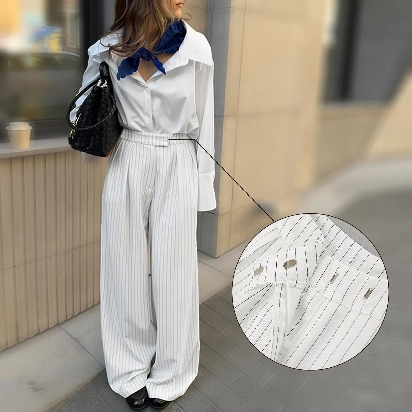 White striped loose casual wide-leg trousers with zipper detail for commuting
