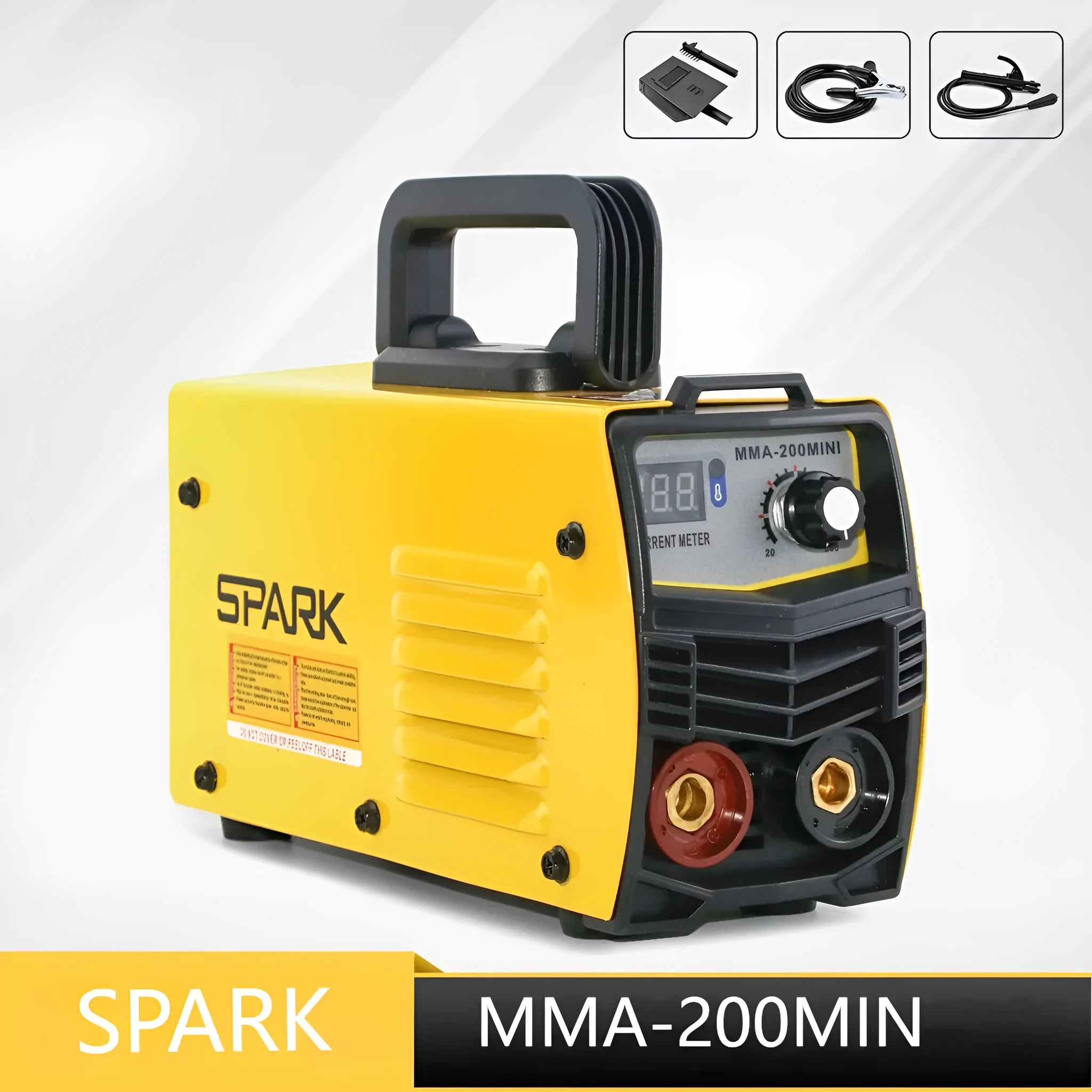 MMA-200MIN compact blue 220V DC inverter welding machine with welding tongs and face shield on a workbench.