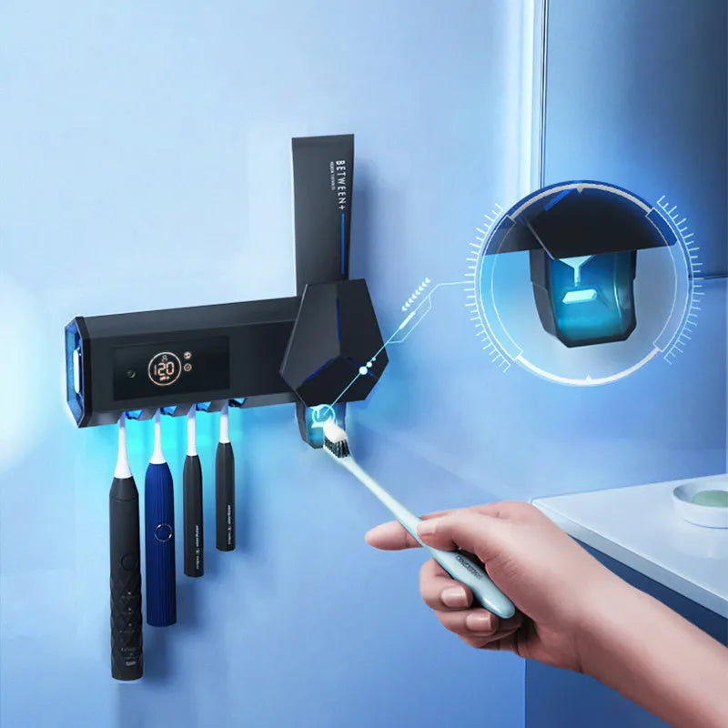 White plastic smart toothbrush sterilizer with ultraviolet light mounted on bathroom wall with suction cup