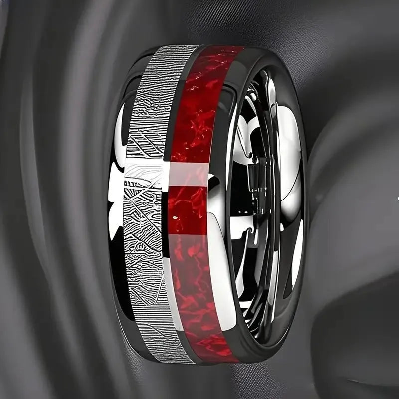 Two-tone silver red stainless steel ring with textured surface on white background