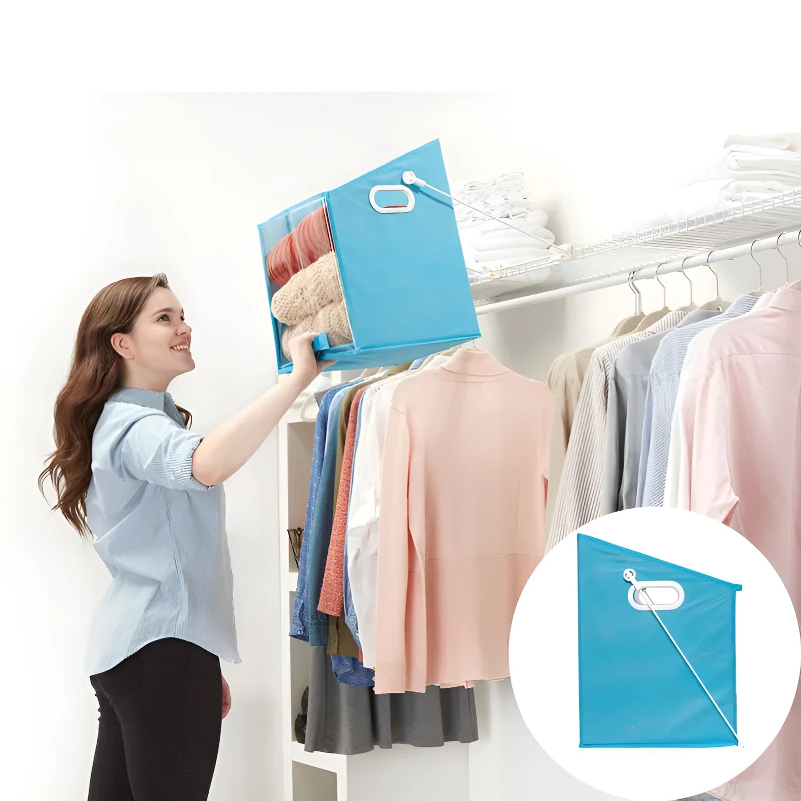 Blue folding storage basket with clear front panel on a wooden shelf, shown next to its folded flat state.