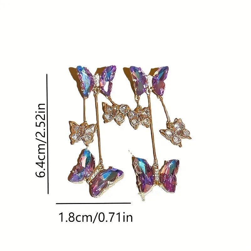 Silver Needle blue purple butterfly tassel earrings with crystal flowers on a 4.5cm alloy drop.