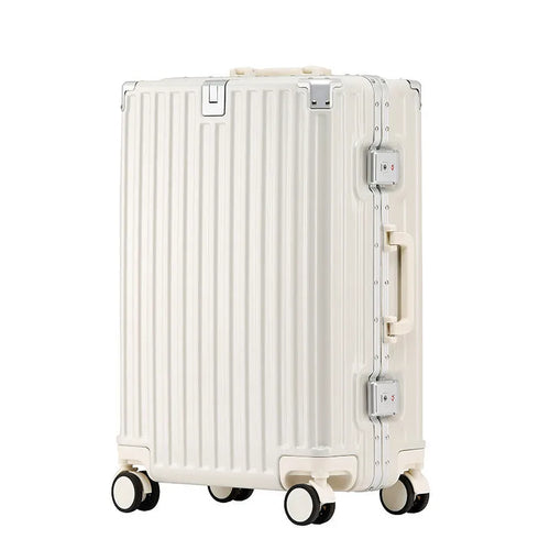 Hard shell aluminium frame luggage in avocado green with USB port and universal wheels.