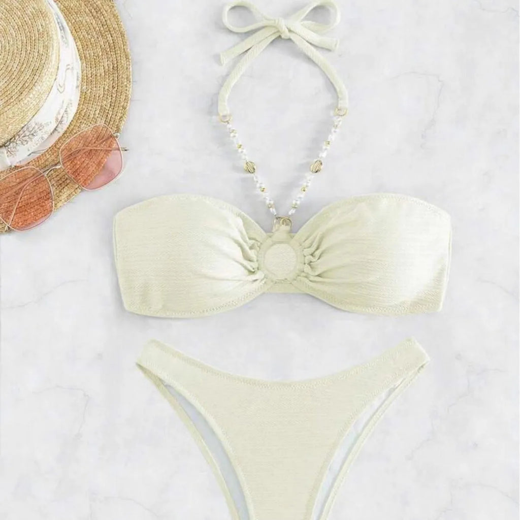 Women's solid colour halter bikini set in polyester fabric for swimming