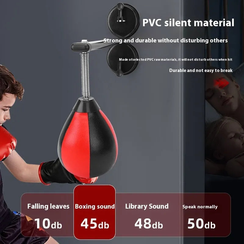 Inflatable pear-shaped boxing training ball with double suction cup hanging mount and red/black ball head