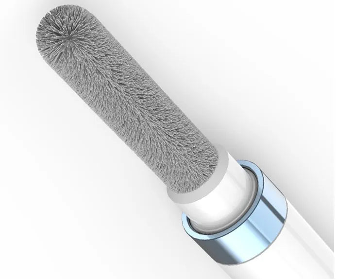 Blue headphone cleaning pen with stainless steel nib and brush, shown with flocking sponge extended.
