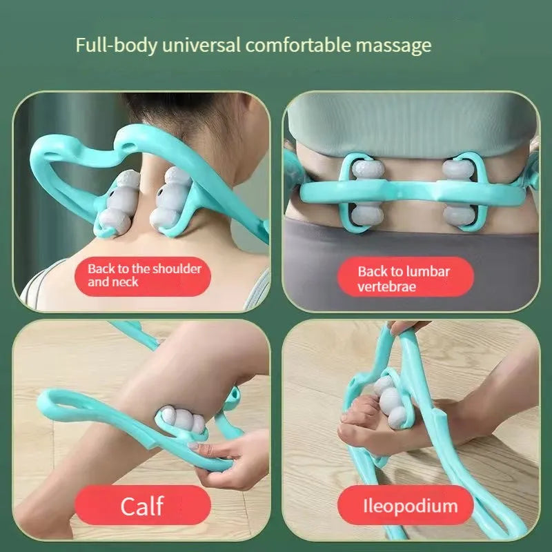 Blue handheld neck massager with rotating head showing pressure point nodes