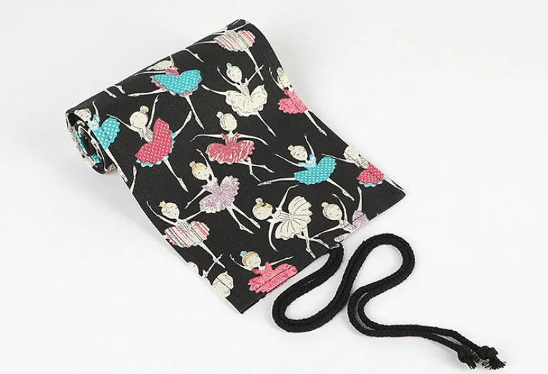 Square canvas rolling pencil case with Ballet Girl print, showing multiple holes for colour pencils.