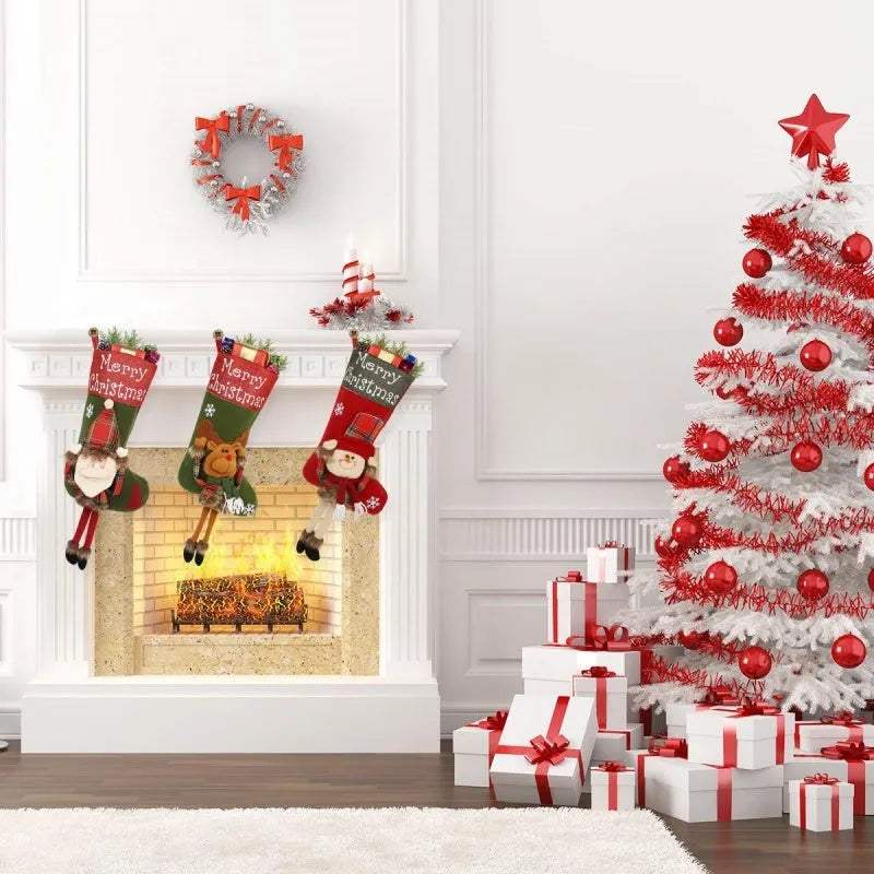 Set of three large red, white, and brown Christmas stockings featuring 3D Santa, Snowman, and Reindeer designs with hanging loops