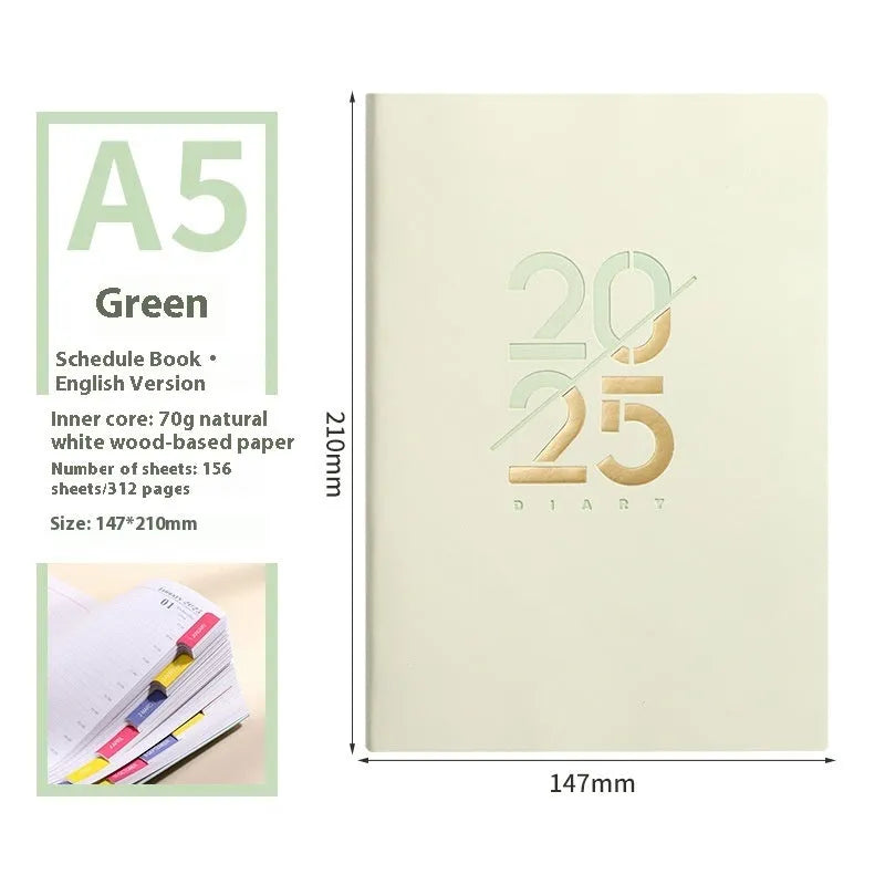 2025 A5 daily schedule book with soft faux leather cover, open to show weekly planner layout.