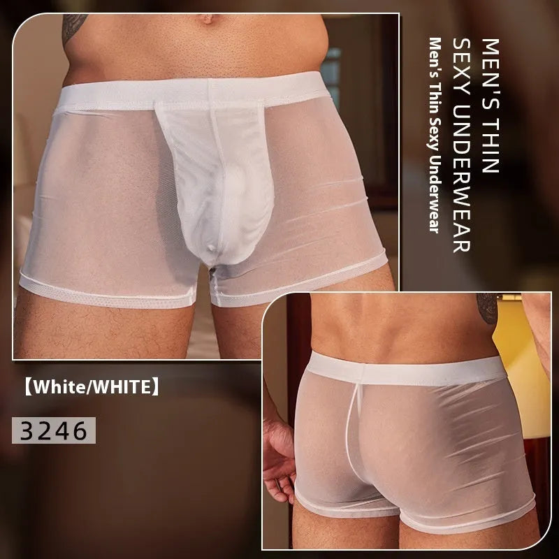 Men's black and white ultra-thin nylon boxer briefs laid flat, showing slim-fit design.