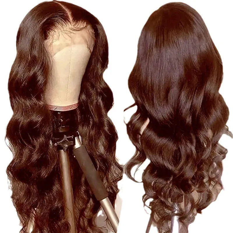 Long curly dark brown front lace wig with side bangs on a model