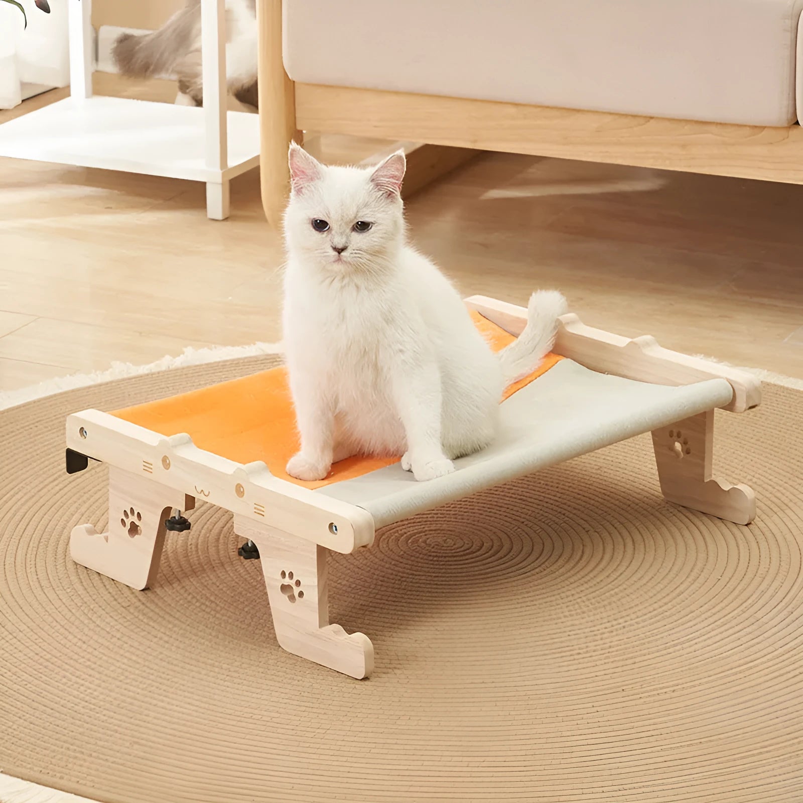 Wooden frame cat hanging hammock bed installed on a window, suitable for cats and small dogs.